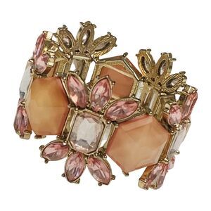 VTG Pink Rhinestone Flower Wide Bracelet 7" Silver Tone Cottagecore Trendy